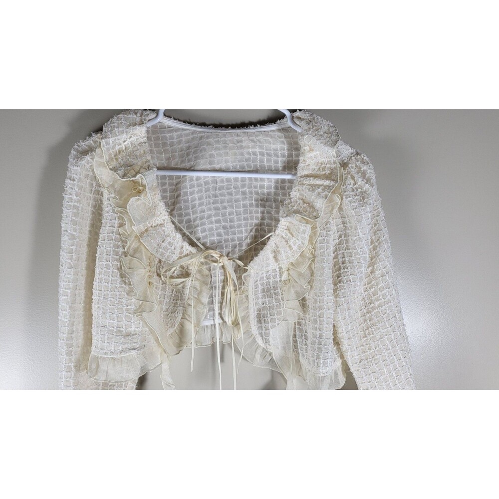 Womens Ivory Ruffle Bolero Shrug Tie Front Crop Cardigan Coquette Romantic M - Picture 3 of 8